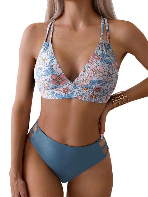 Fanuerg Women's Sexy V Neck Bikini Sets Hollow Out Two Piece Swimsuits ...