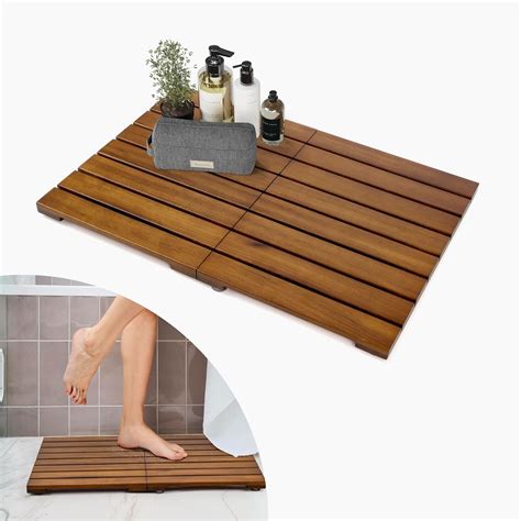 Amazon.com: Smuxee Foldable Teak Wood Bath Mat, 23.2" x 16.2" Shower ...