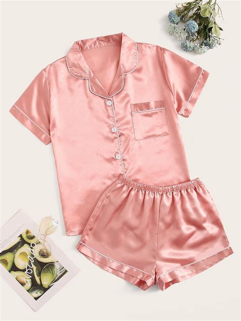Coral Pink Elegant Short Sleeve Satin Plain Short Sets Embellished Non ...