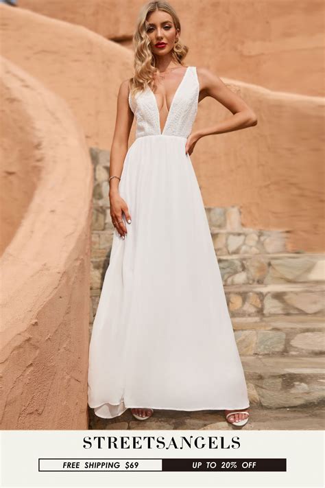 Solid White Stain Evening Dress A Line Deep V Neck Lace Backless Floor ...