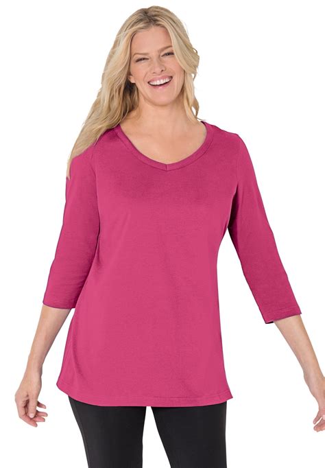 Woman Within Plus Size Perfect Three-Quarter Sleeve V-Neck Tee (Petite ...