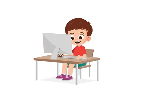 Cute little boy use computer to study vector illustration 27463598 ...