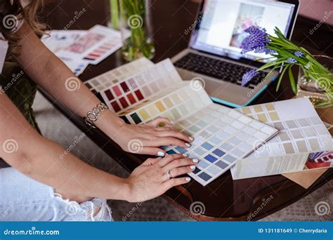 Decorator Young Woman Works with Color Palette, Lifestyle Casual Photo Stock Image - Image of ...