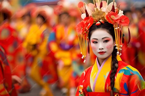 Premium AI Image | A woman in a costume with a red and yellow dress and ...