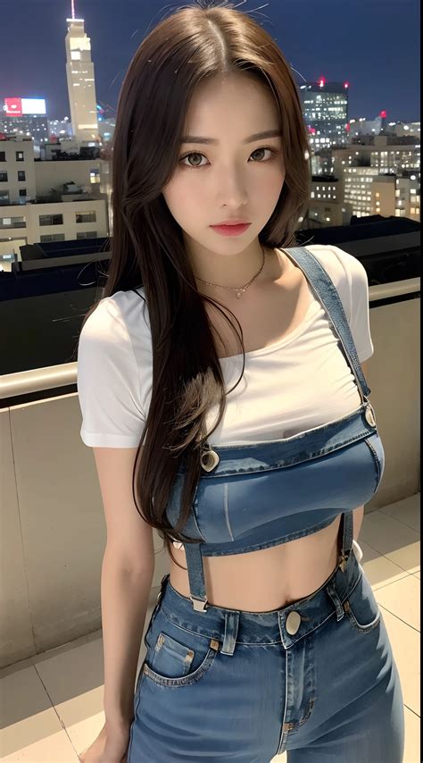 A woman in overalls posing for a picture in front of a city skyline ...