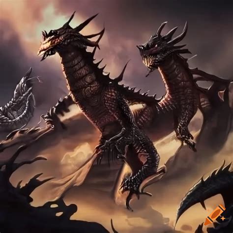 Image of a three-headed dragon with an army of dragons on Craiyon