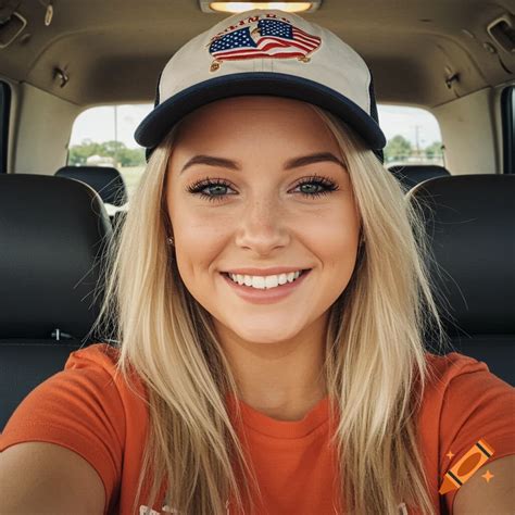 Young woman in a car takes a selfie, smiling and wearing a cap with an ...