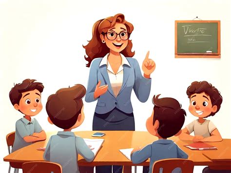 Vector cartoon Teacher talking with her students on a white background ...