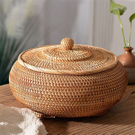 Round Woven Basket with Lid Rattan Basket with Lid for Home | Etsy