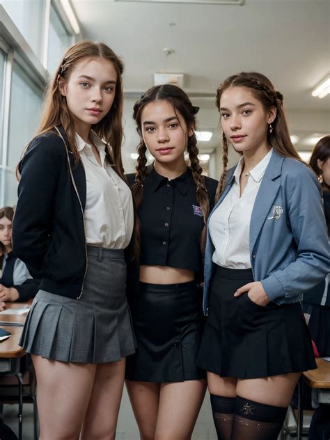Three girls in school uniforms posing for a picture in a classroom - SeaArt AI