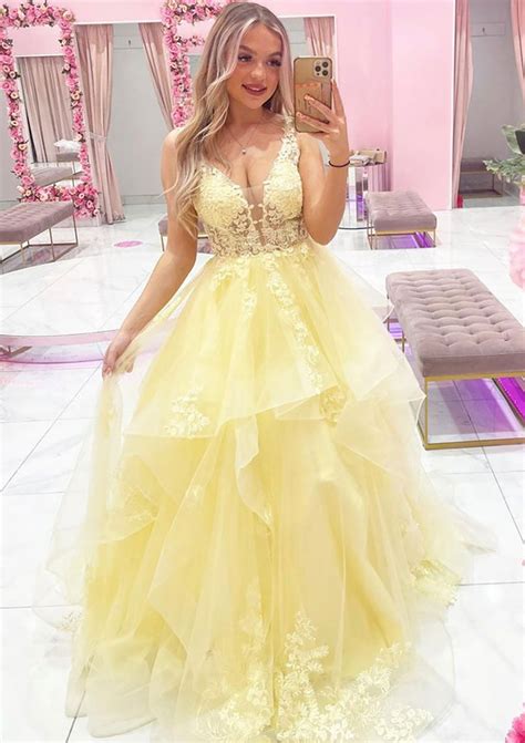 A-line Princess V Neck Sleeveless Tulle Long/Floor-Length Prom Dress ...
