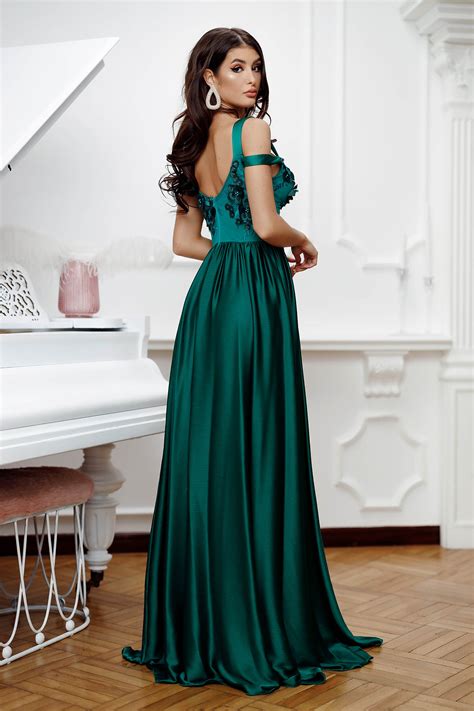 Green dress long occasional taffeta cloche with raised flowers