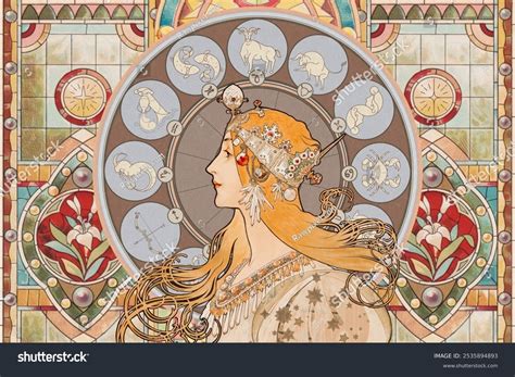 Alphonse Muchas Zodiac Background Famous Art Stock Illustration ...