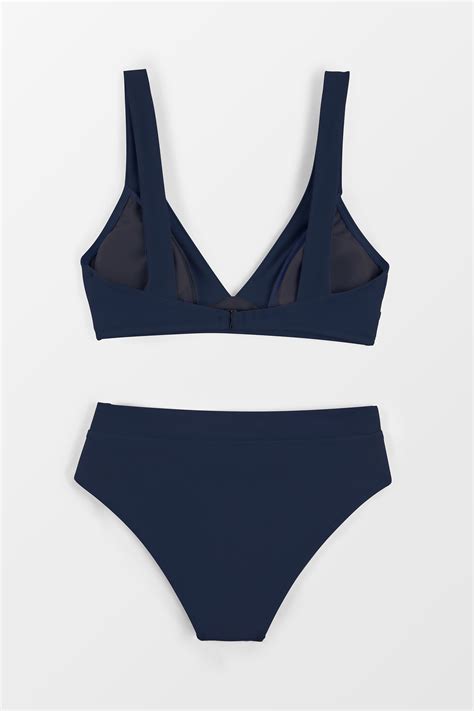 Longline V Neck Bralette & Navy Classic High Waist Bikini Set