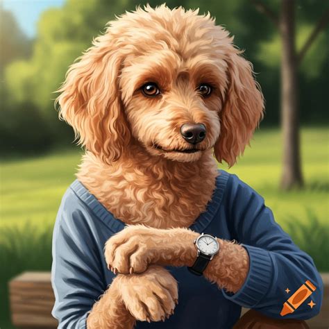 Realistic poodle and golden retriever mix dog wearing a blue sweater ...