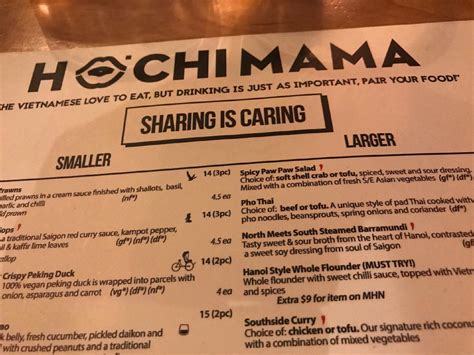 Menu at Hochi Mama restaurant, Melbourne