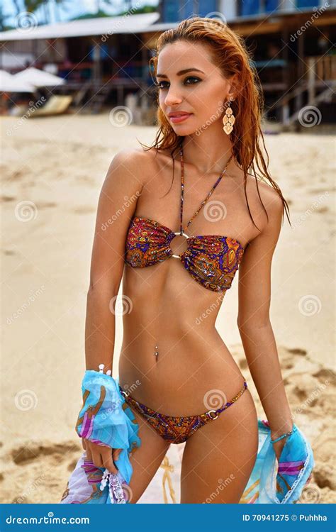 Summer Girl with Fit Bikini Body Relaxing on Beach Stock Image - Image ...