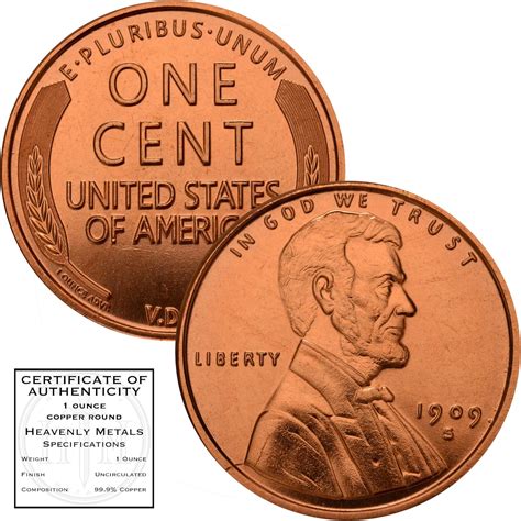 Lincoln Wheat Cent 1909 S VDB Design 1 oz Pure .999 Copper Round ...