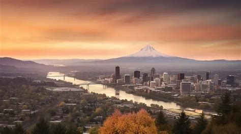 Portland City Skyline At Sunset On Mountain In The Background, Picture ...