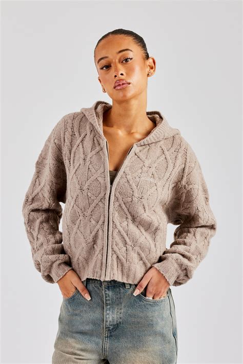 Cable Knit Zip Through Knit Hoodie - Stone | Womens Knitwear | Shop ...