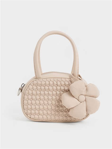 Nude Nylon Textured Top Handle Bag - CHARLES & KEITH BH