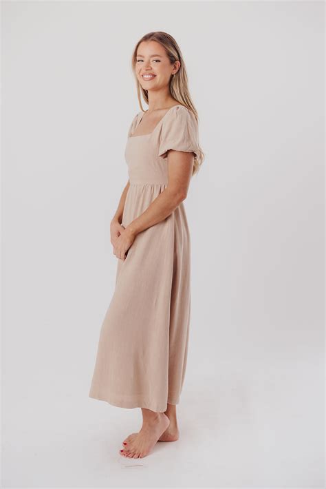 Ainsley Square Neck Midi Dress with Puffed Sleeves in Deep Taupe - Bum ...