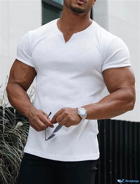 OrcaJump – Mens V-Neck T-Shirt with Blue and White Print – Fashionable ...