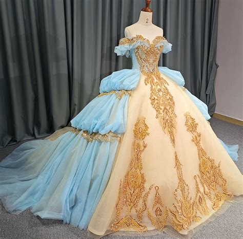 Blue And Gold Champagne Ruched Sequin Appliqués Ruffled Off The Shoulder Sweetheart 2023 ...