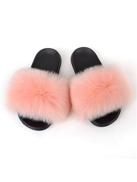 Zodanni Women Fuzzy Slippers Color Block Fluffy Slides Furry Slipper ...