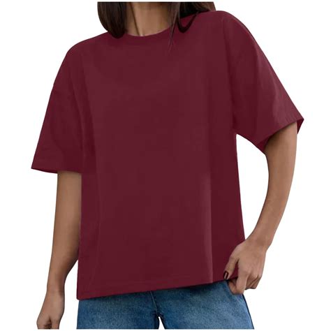 AherBiu Womens Tops Cotton Tshirts Short Sleeve Crewneck Plain Top Tees ...