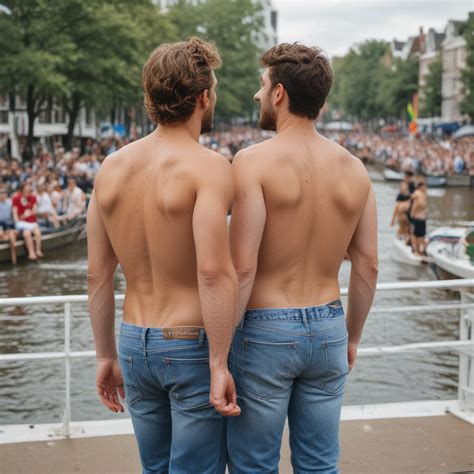 standing men on boat during pride utrecht with back to camera
