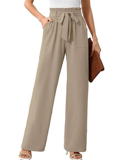 Chiclily Women's Wide Leg Pants with Pockets Wheat Large Casual Work ...
