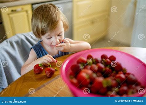 Cute Little Toddler Boy Eating Strawberries at Home. Fresh Organic ...