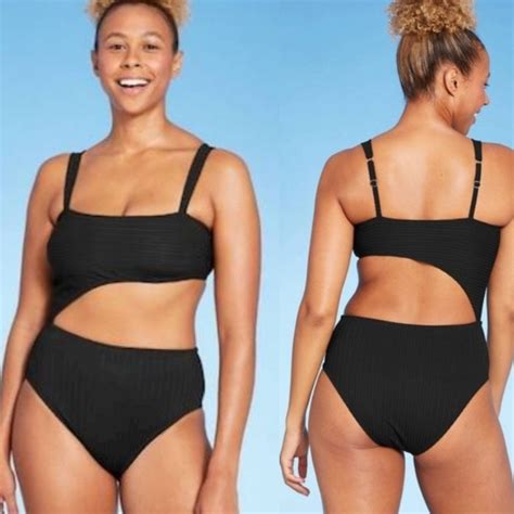 (XL) SHADE AND SHORE Cut Out Ribbed Black One Piece Swimsuit, Women's ...