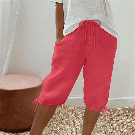 Sakmal Red Women Shorts Knee Length Chino Bermuda Cotton and Linen High ...