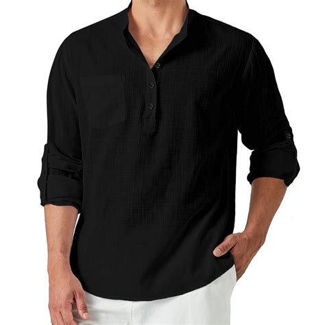 Mens Black Linen Henley Shirt Casual Long Sleeve Cotton Top Band Collar ...
