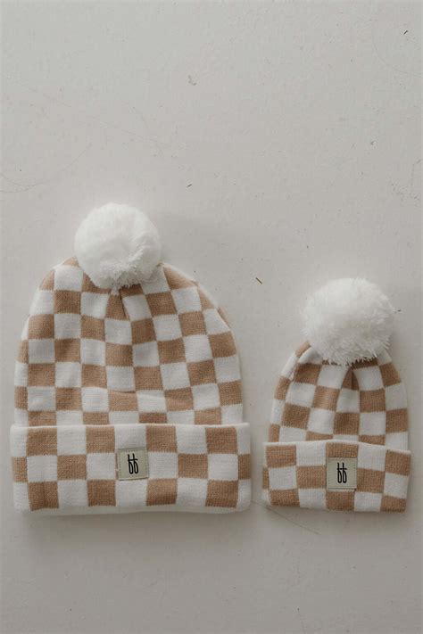 Adult ff Knit Pom Top Beanie | Tan Checkerboard – Milk & Baby