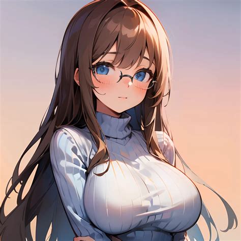 1girl, long brown hair, blue eyes, big breasts, white ribbed sweater ...