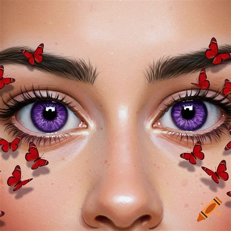 Close-up of human eyes with purple irises surrounded by red butterflies ...