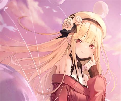 Download Blonde Anime Girl Smiling With Rose Accessories Wallpaper ...