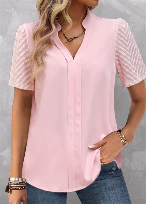 Light Pink Split Short Sleeve Blouse | modlily.com - USD 32.98