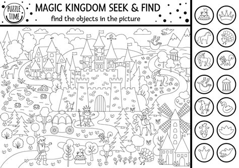 Vector black and white fairytale searching game with medieval castle ...