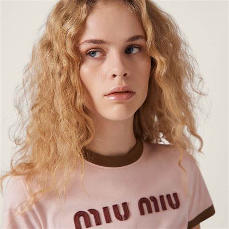 Alabaster Pink/military Green Embroidered Cotton Jersey T-shirt | Miu Miu