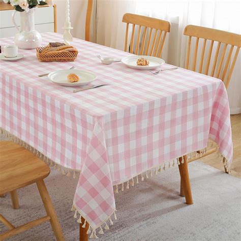 Amazon.com: JIALE Pink Checkered Table Cloth Square Cotton Linen Fabric ...