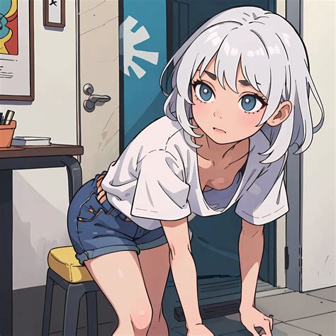 Anime girl bending over to look at a computer screen - SeaArt AI