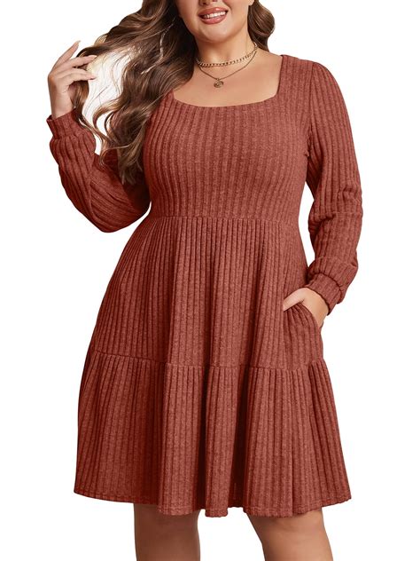 QINCAO Womens Plus Size Sweater Dresses Square Neck Long Sleeve ...