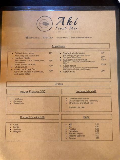 Menu at Aki Fresh Mex restaurant, Marina