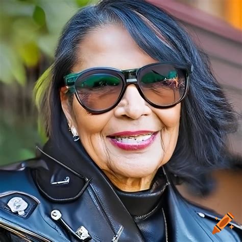Close-up portrait of glamorous older Latina woman in black leather jacket and sunglasses on Craiyon