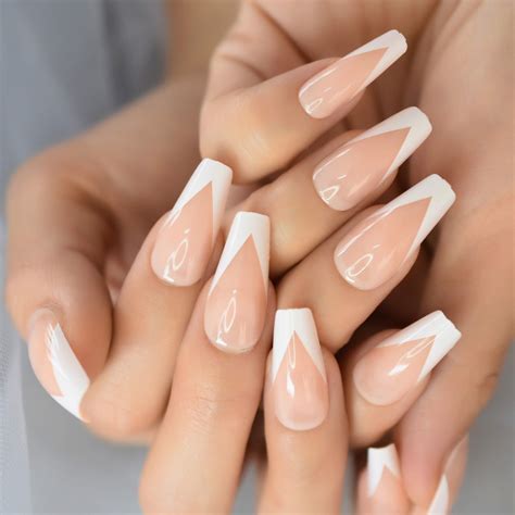 Glossy Ombre Pink Nude White French Ballerina Coffin False Nail ...