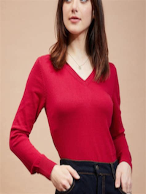 Buy DressBerry Red V Neck Long Sleeves Cotton Pullover - Sweaters for ...